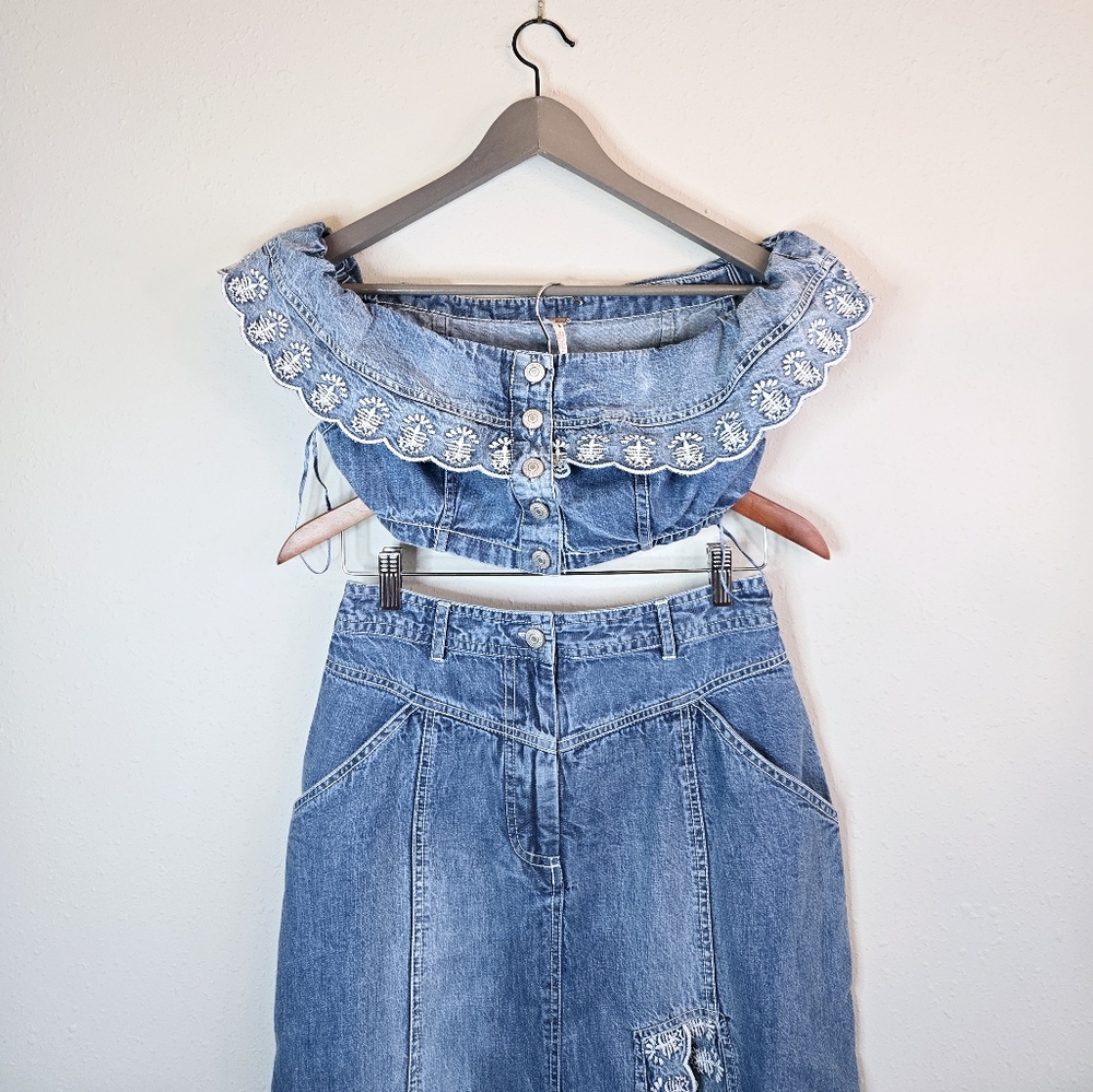 Free People Kora Crop Top Maxi Skirt Denim Embroidered Set Sz 2 NWT - Picture 8 of 15
